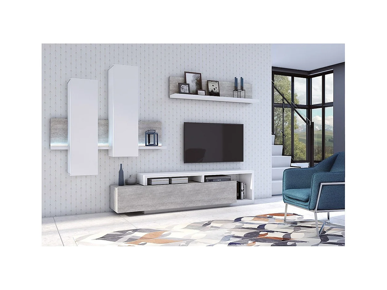 Conjunto de móveis para sala de estar com LED coleção BERGAMO. Cores branco e cinza concreto.