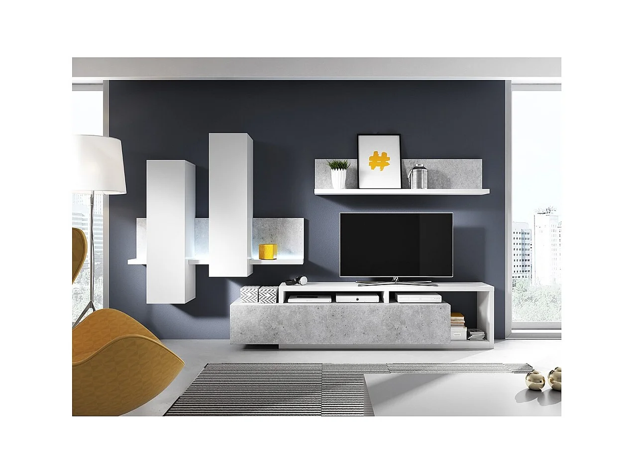 Conjunto de móveis para sala de estar com LED coleção BERGAMO. Cores branco e cinza concreto.