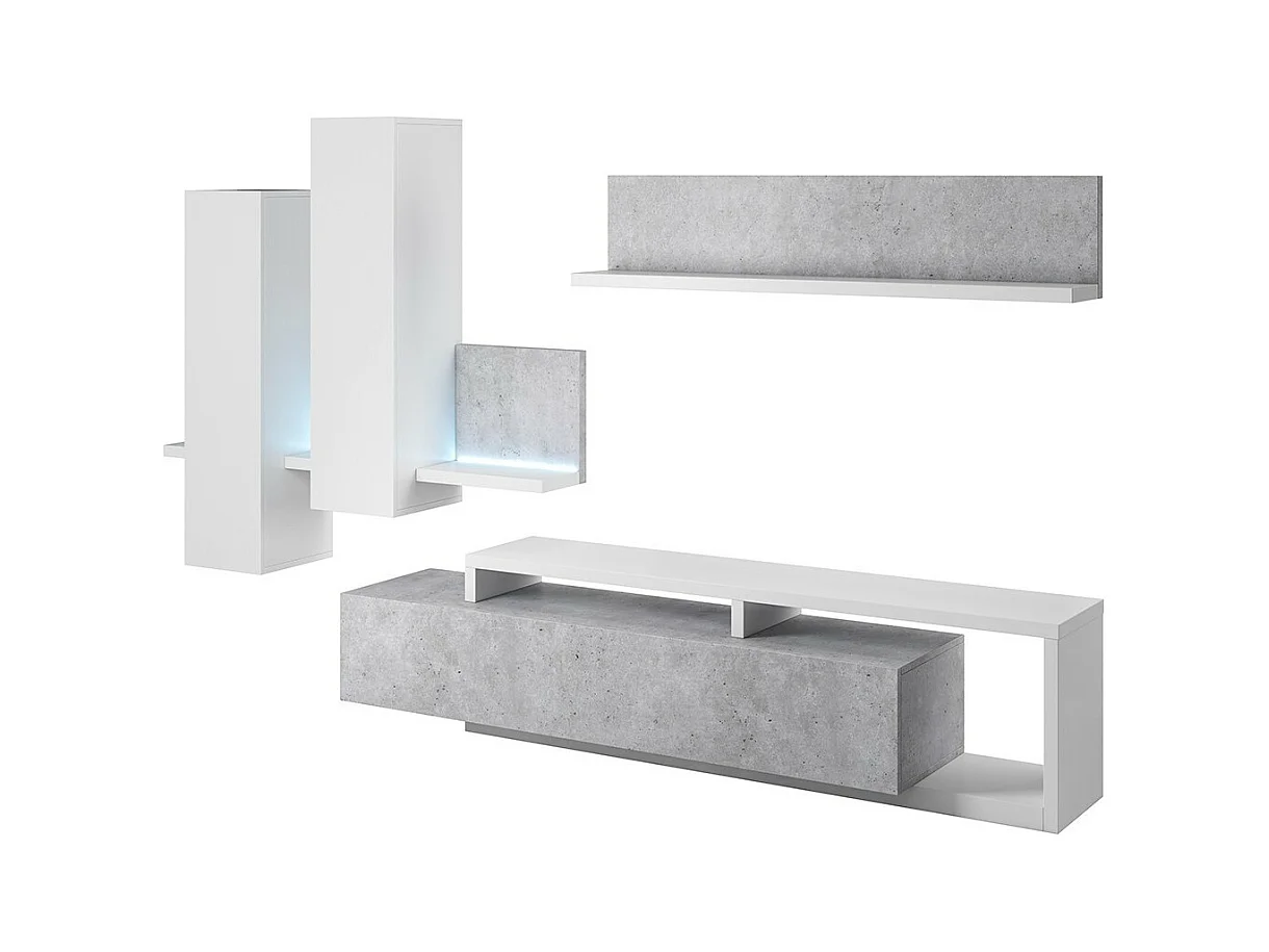 Conjunto de móveis para sala de estar com LED coleção BERGAMO. Cores branco e cinza concreto.