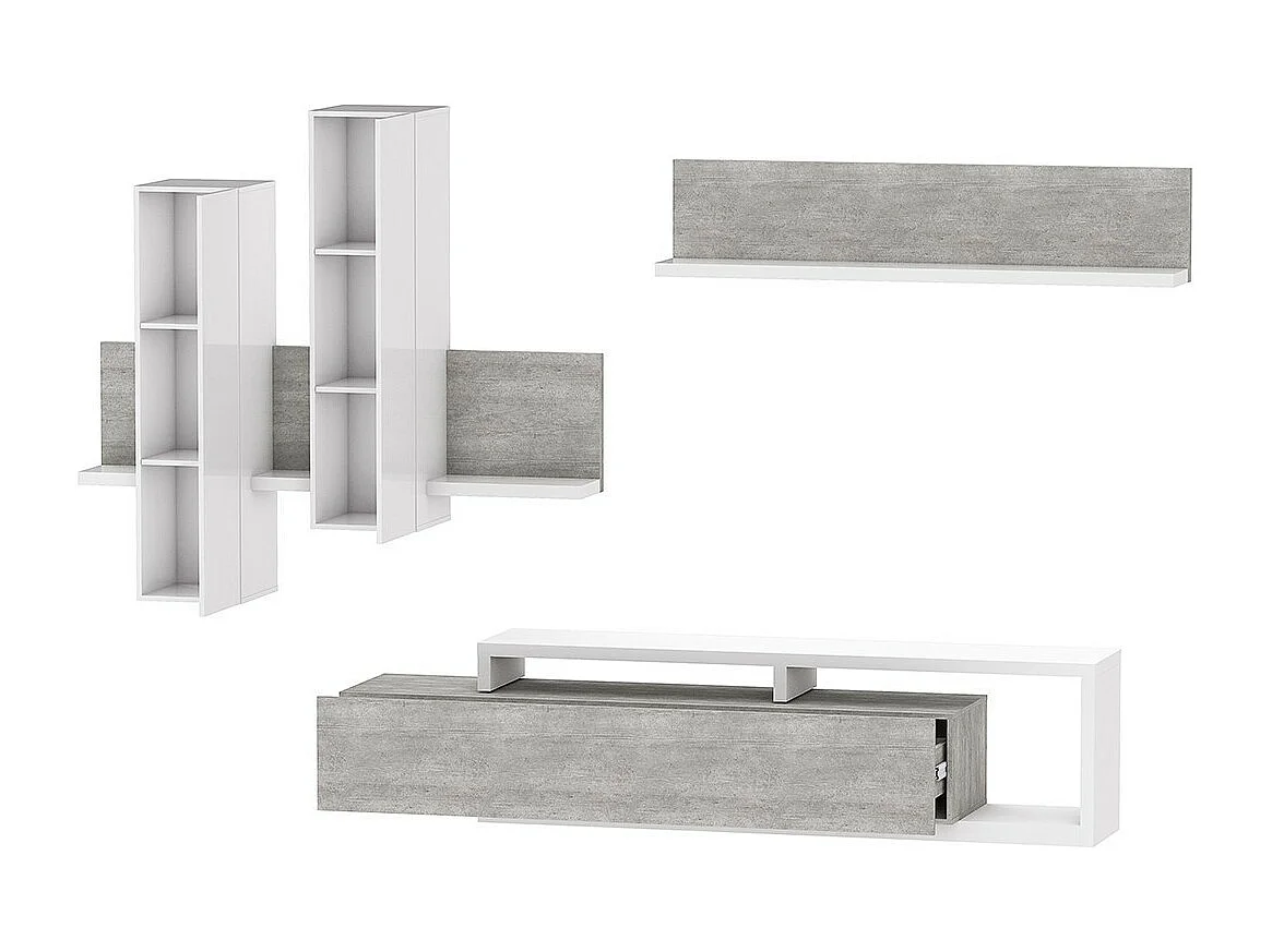 Ensemble meubles de salon avec LED collection BERGAME. Coloris blanc et gris béton.