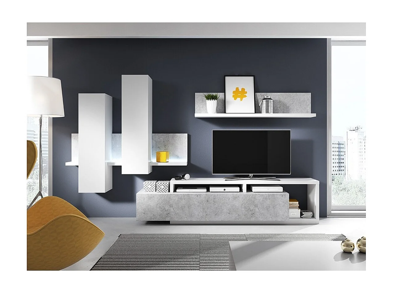 Ensemble meubles de salon avec LED collection BERGAME. Coloris blanc et gris béton.