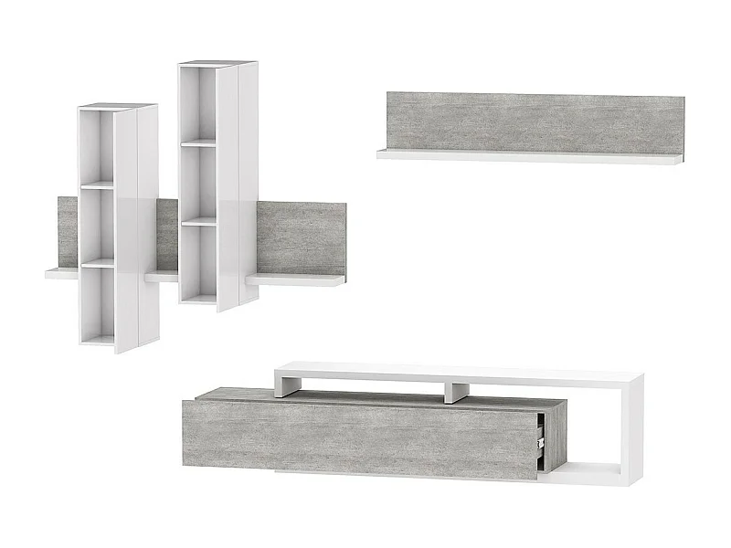 Conjunto de muebles para sala con LED colección BERGAMO. Colores blanco y gris cemento.