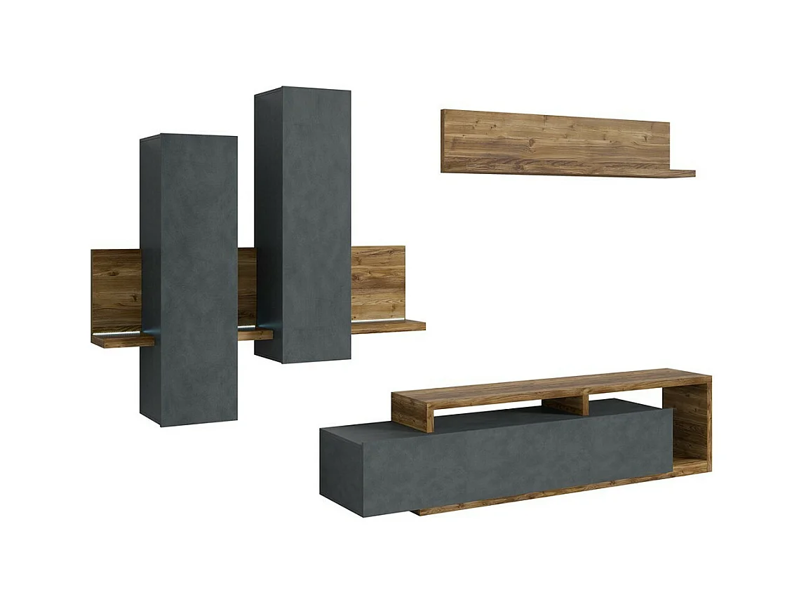 Conjunto de móveis para sala de estar com LED coleção BERGAME. Cores cinza e carvalho escuro.