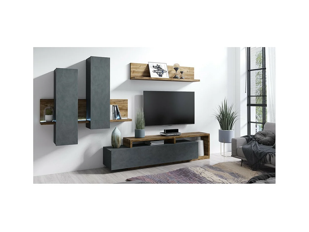 Conjunto de móveis para sala de estar com LED coleção BERGAME. Cores cinza e carvalho escuro.