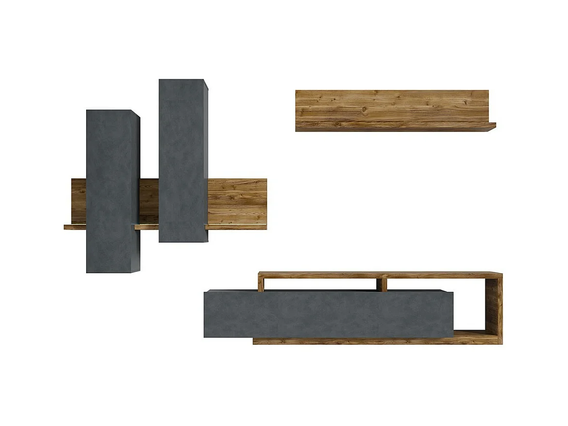 Conjunto de móveis para sala de estar com LED coleção BERGAME. Cores cinza e carvalho escuro.