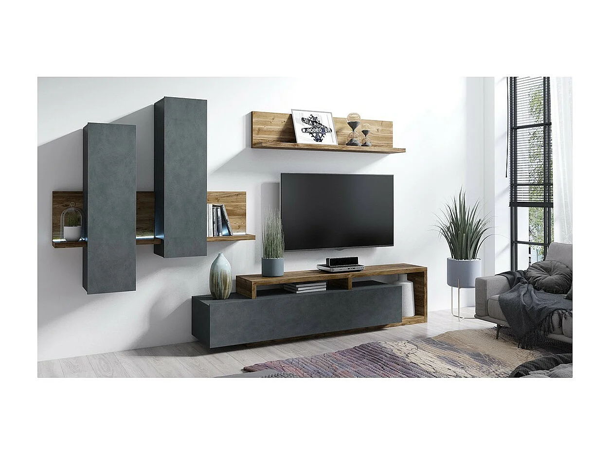 Conjunto de muebles para sala con LED colección BERGAMO. Color gris y roble oscuro.