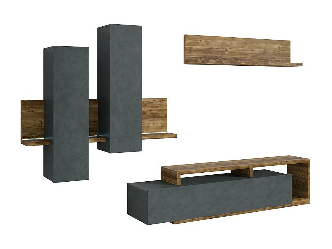 Ensemble meubles de salon avec LED collection BERGAME. Coloris gris et chêne foncé.