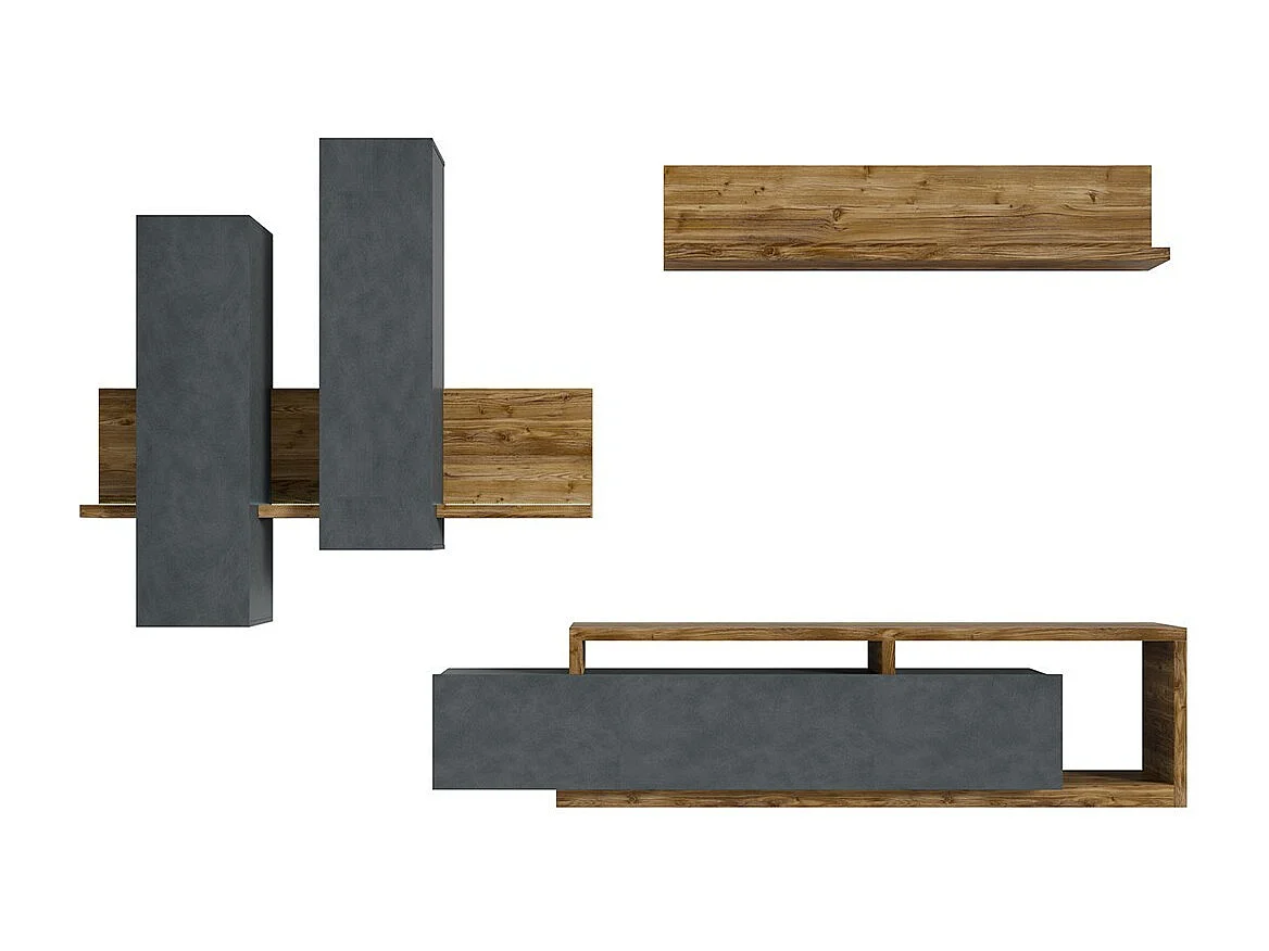 Ensemble meubles de salon avec LED collection BERGAME. Coloris gris et chêne foncé.