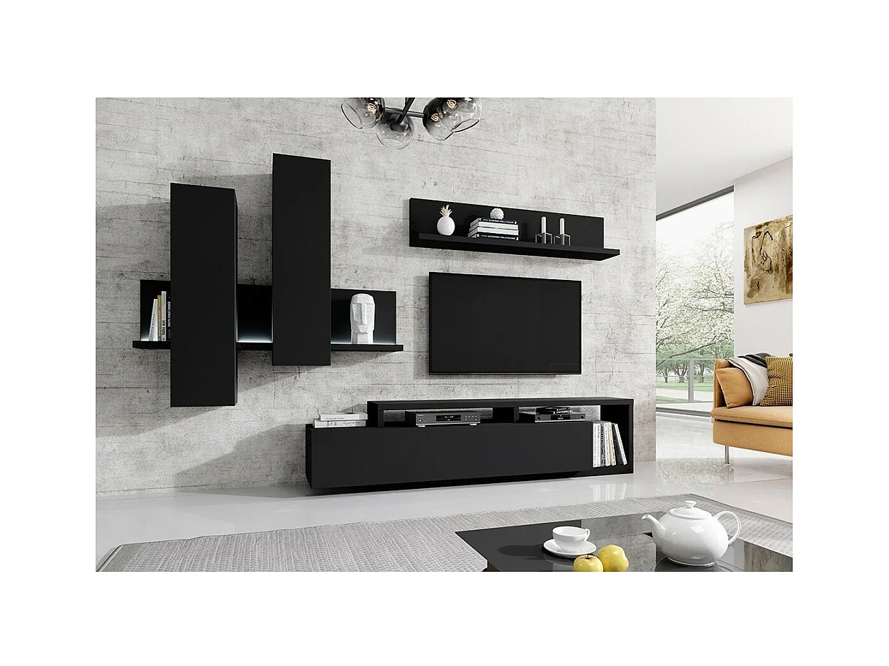 Conjunto de móveis para sala de estar com LED, coleção BERGAMO. Cor preto super fosco.