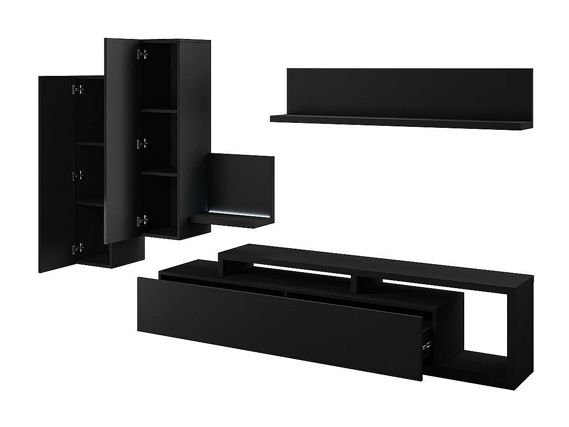 Ensemble meubles de salon avec LED collection BERGAME. Coloris noir super mat.