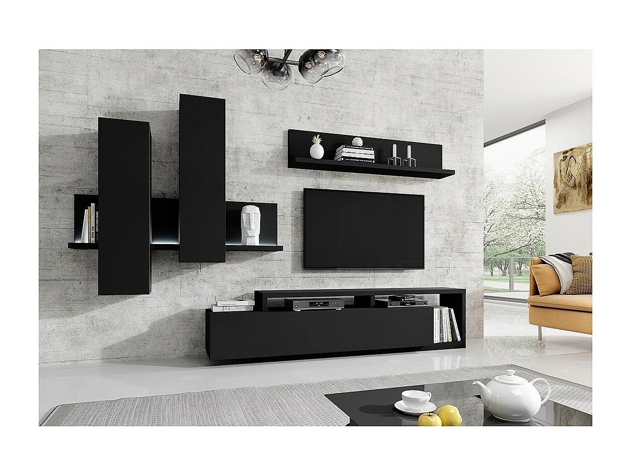 Ensemble meubles de salon avec LED collection BERGAME. Coloris noir super mat.