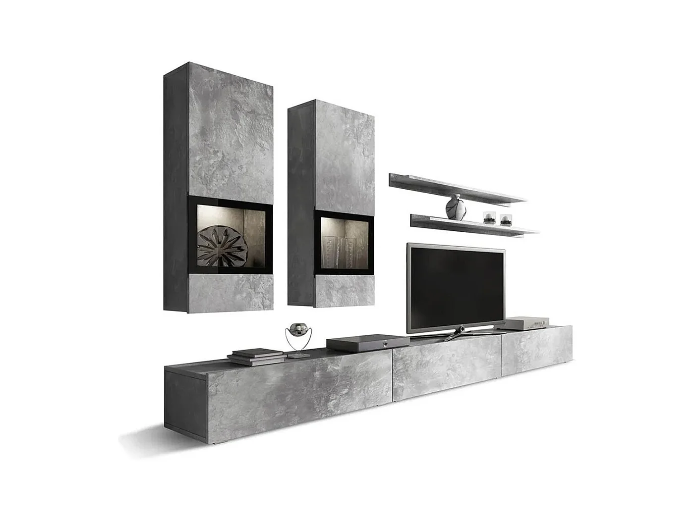 Ensemble salon mural RAMOS – Grijs betoneffect – Ingebouwde multicolor LED''s – TV-meubel + vitrines + planken