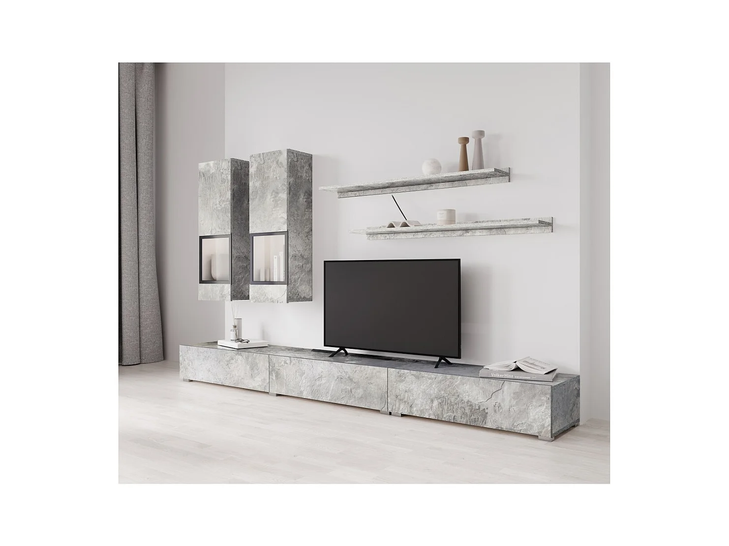 Ensemble salon mural RAMOS – Grijs betoneffect – Ingebouwde multicolor LED''s – TV-meubel + vitrines + planken