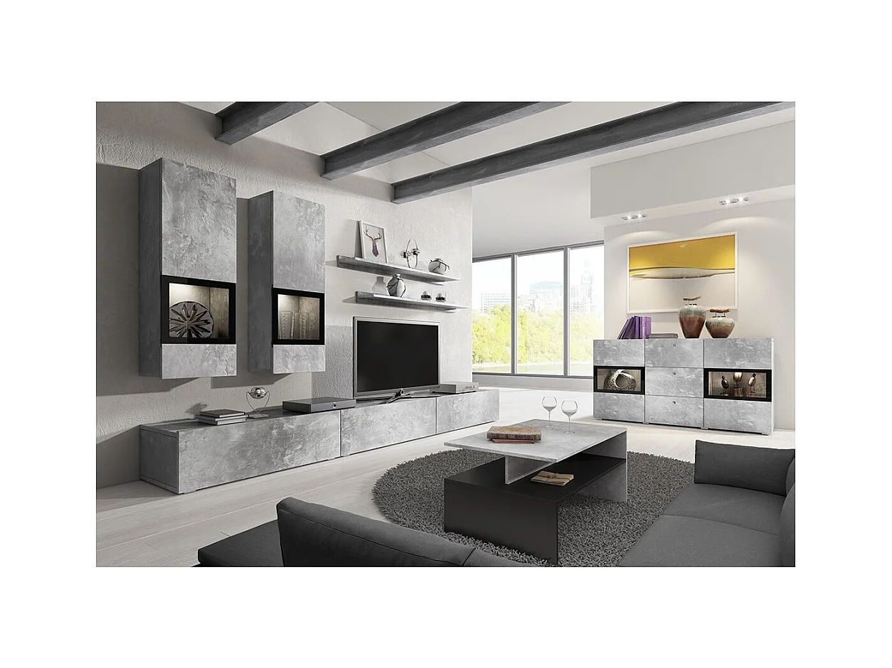 Ensemble salon mural RAMOS – Grijs betoneffect – Ingebouwde multicolor LED''s – TV-meubel + vitrines + planken