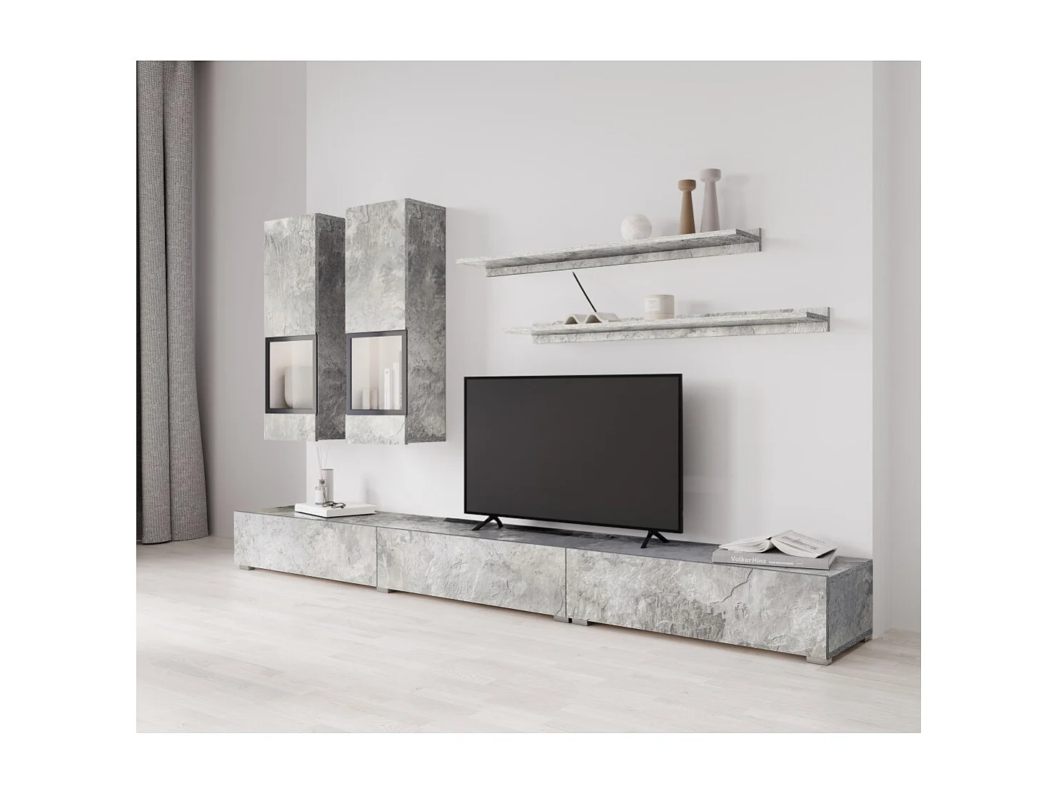 Ensemble salon mural RAMOS – Grijs betoneffect – Ingebouwde multicolor LED''s – TV-meubel + vitrines + planken