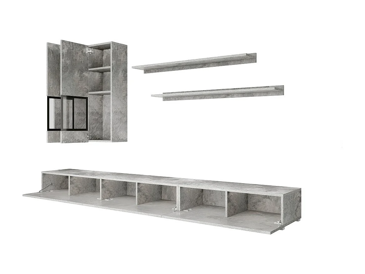 Ensemble salon mural RAMOS – Grijs betoneffect – Ingebouwde multicolor LED''s – TV-meubel + vitrines + planken