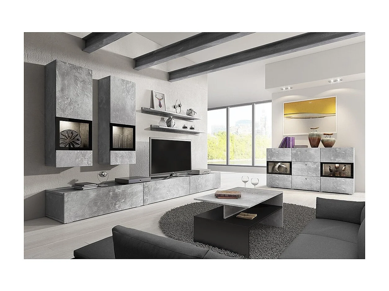 Ensemble salon mural RAMOS – Grijs betoneffect – Ingebouwde multicolor LED''s – TV-meubel + vitrines + planken