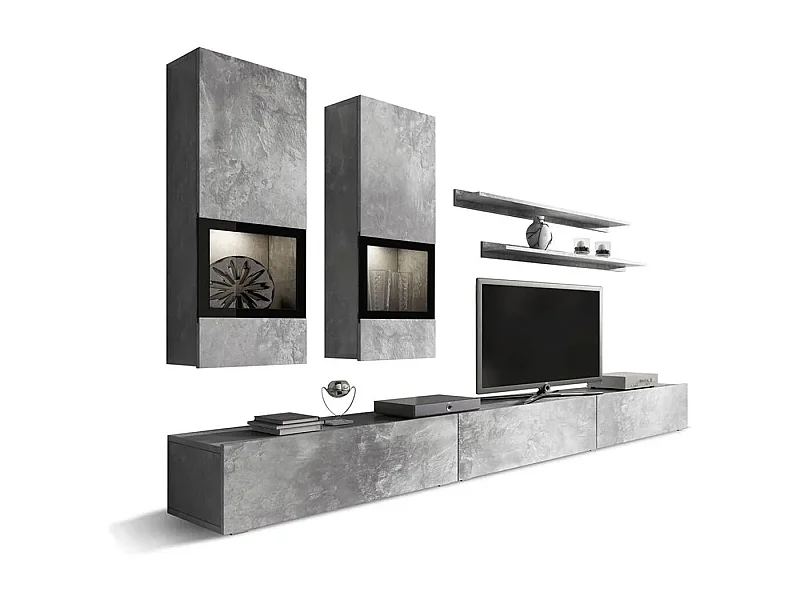 Ensemble salon mural RAMOS – Grijs betoneffect – Ingebouwde multicolor LED''s – TV-meubel + vitrines + planken