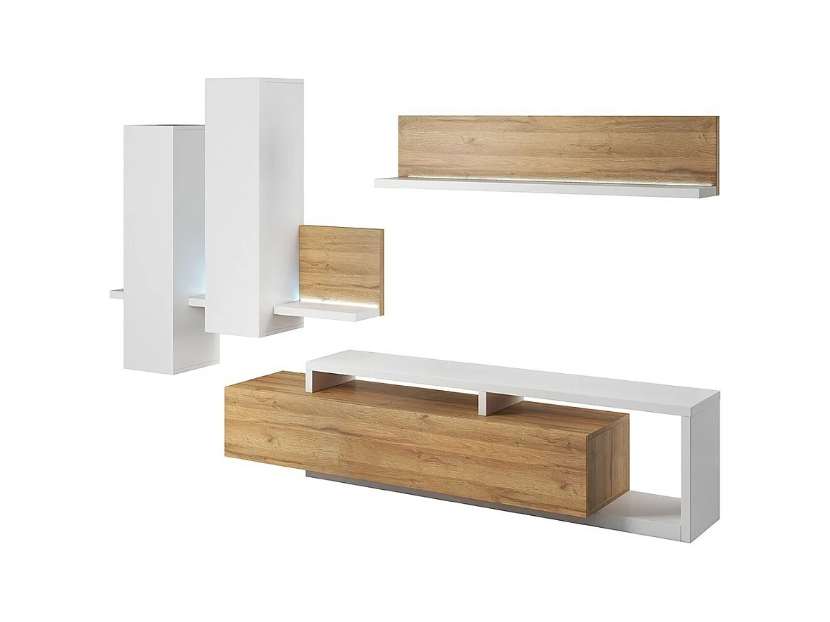 Ensemble meubles de salon avec LED collection BERGAME. Coloris chêne et blanc.