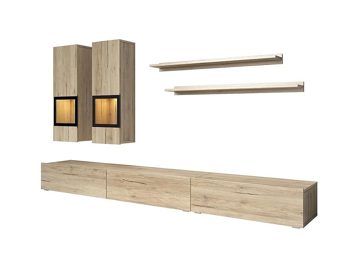 Salonset RAMOS - Geïntegreerde multikleuren LED - Eiken en zwart - TV-meubel, vitrinekasten, planken