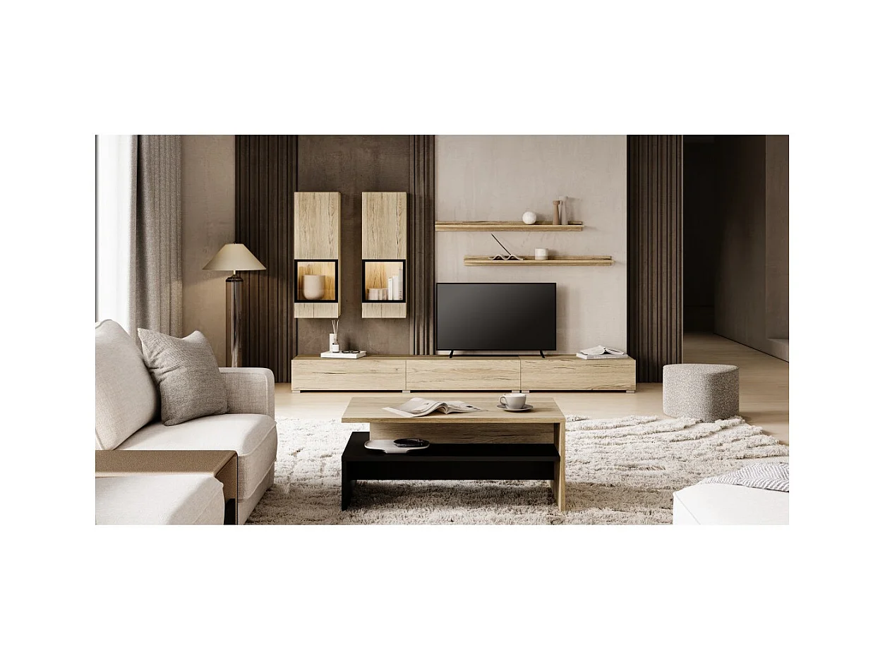 Salonset RAMOS - Geïntegreerde multikleuren LED - Eiken en zwart - TV-meubel, vitrinekasten, planken