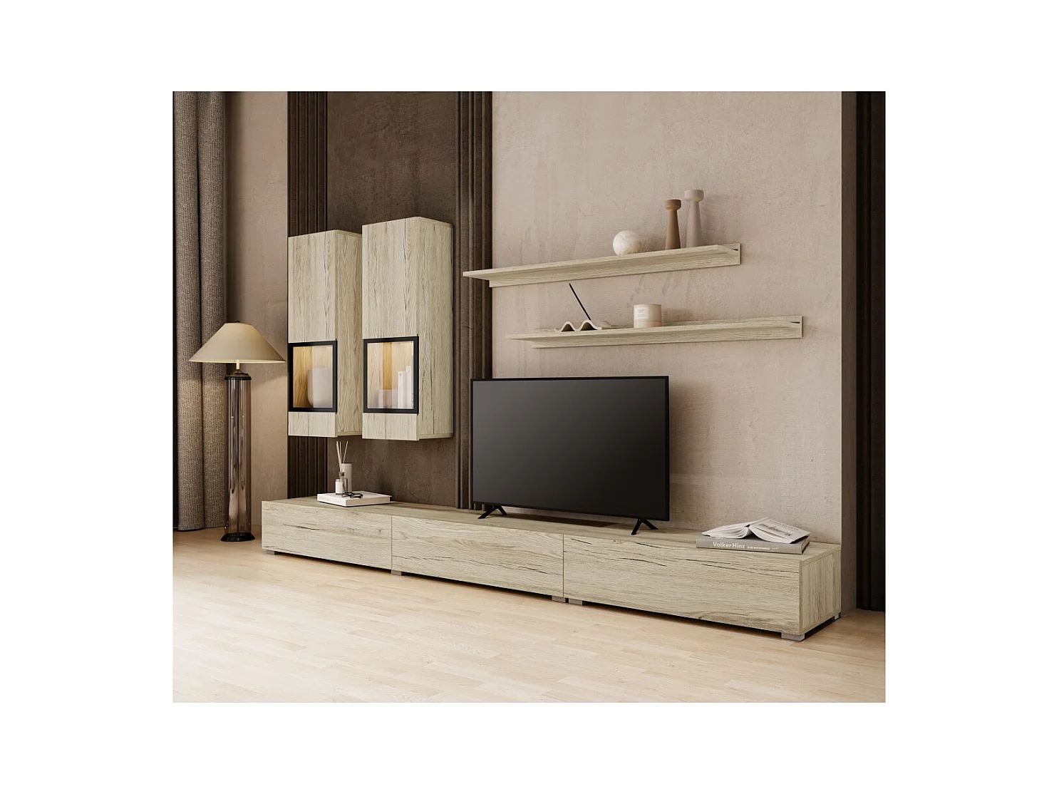 Conjunto de móveis para sala de estar da coleção RAMOS. Cores carvalho e preto. LED integrado.