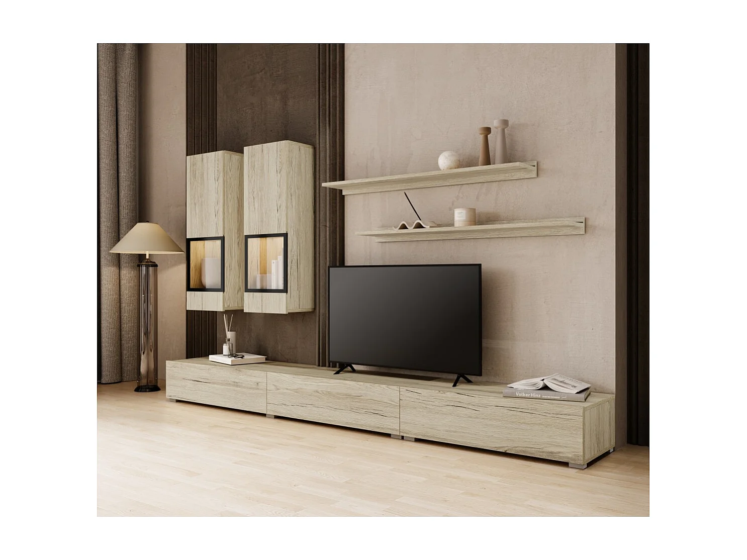 Ensemble salon RAMOS – LED multicolores intégrées – Chêne et noir - Meuble TV, vitrines, étagères