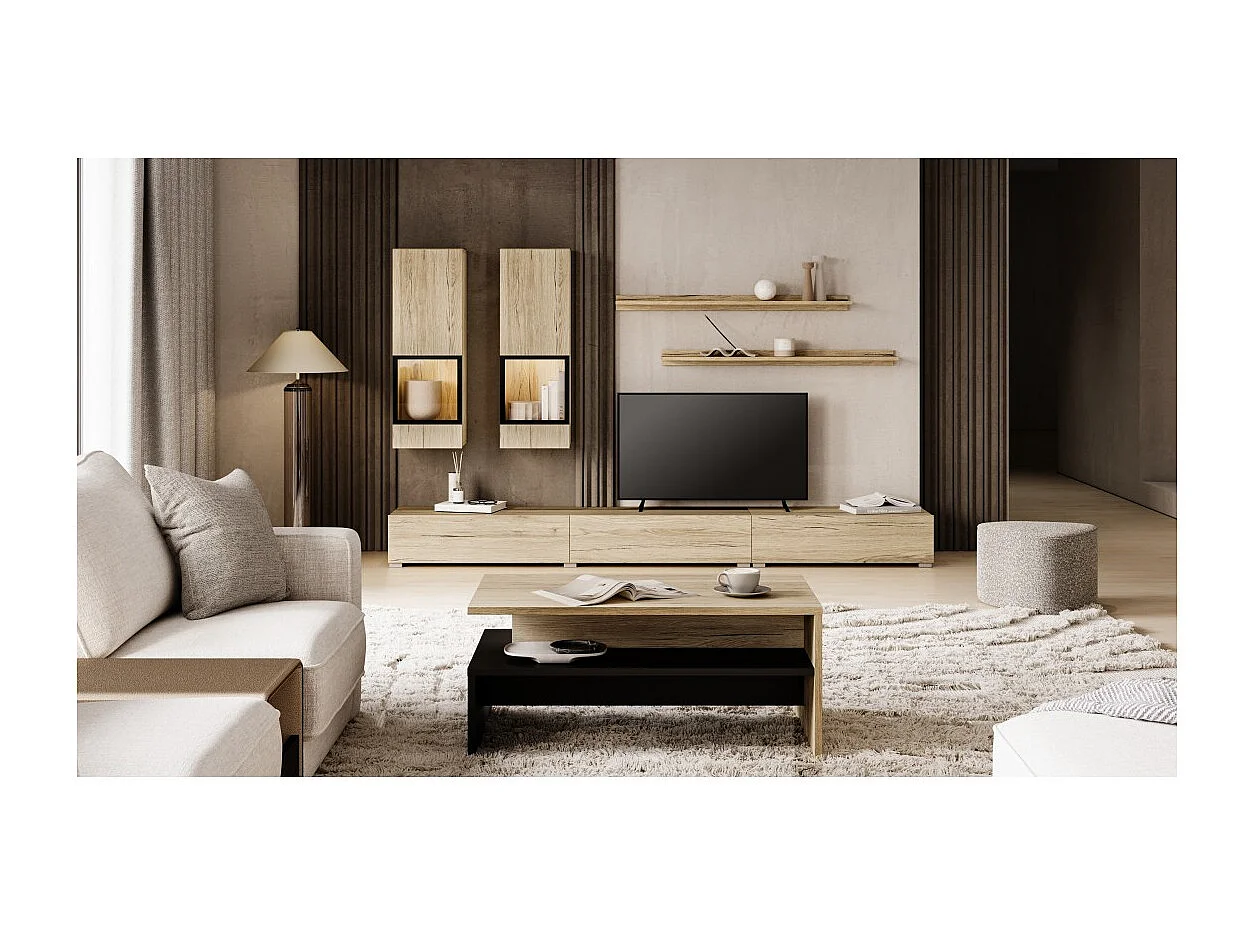 Ensemble salon RAMOS – LED multicolores intégrées – Chêne et noir - Meuble TV, vitrines, étagères