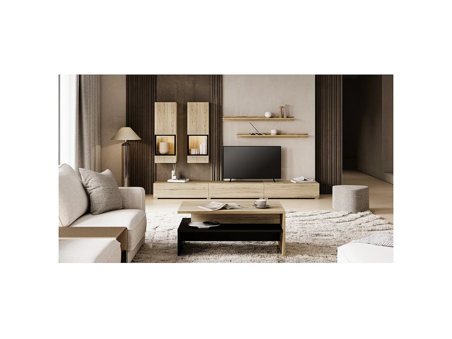 Ensemble salon RAMOS – LED multicolores intégrées – Chêne et noir - Meuble TV, vitrines, étagères