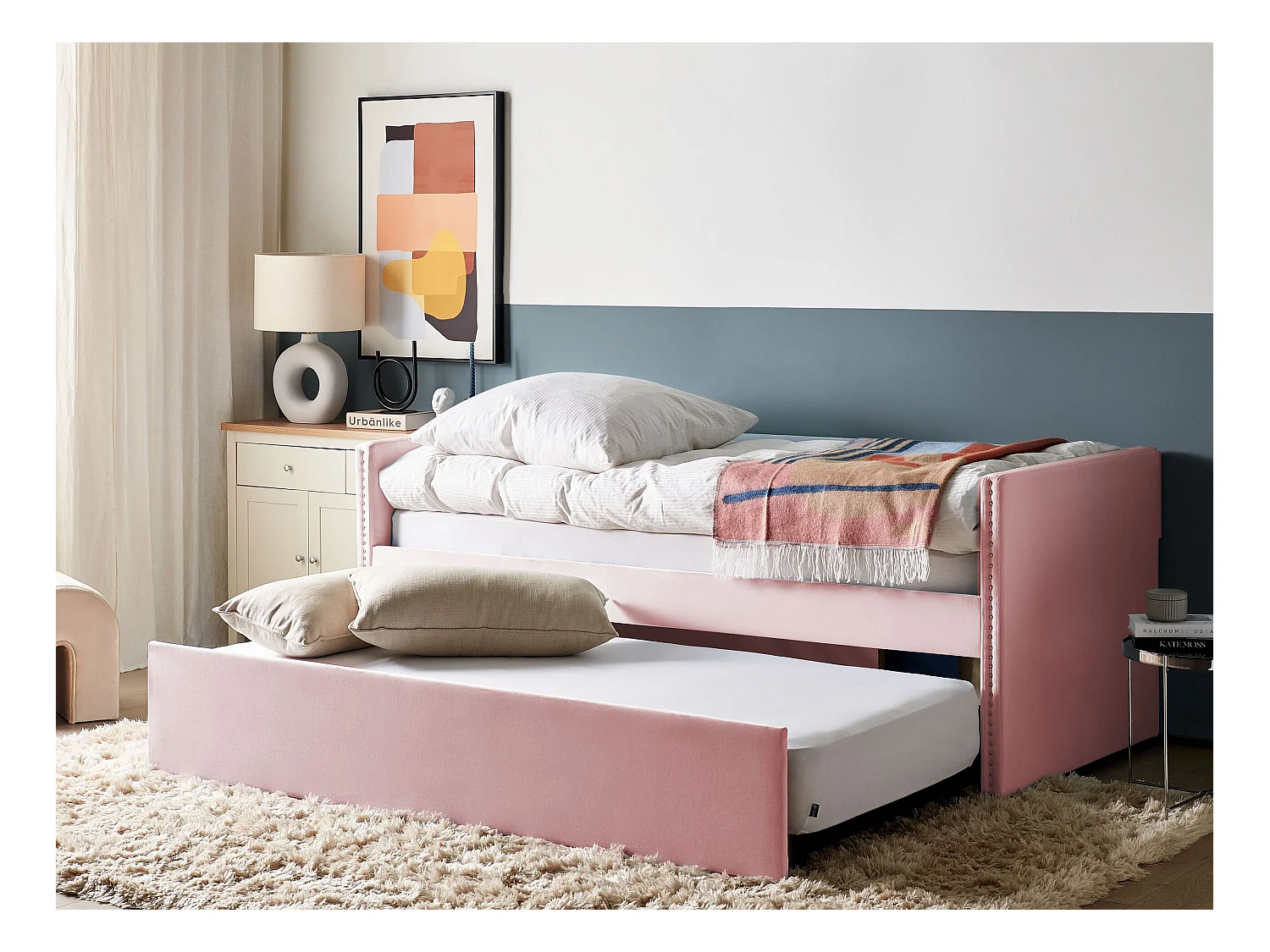 Lit gigogne Velours TROYES 90 x 200 cm Rose pastel