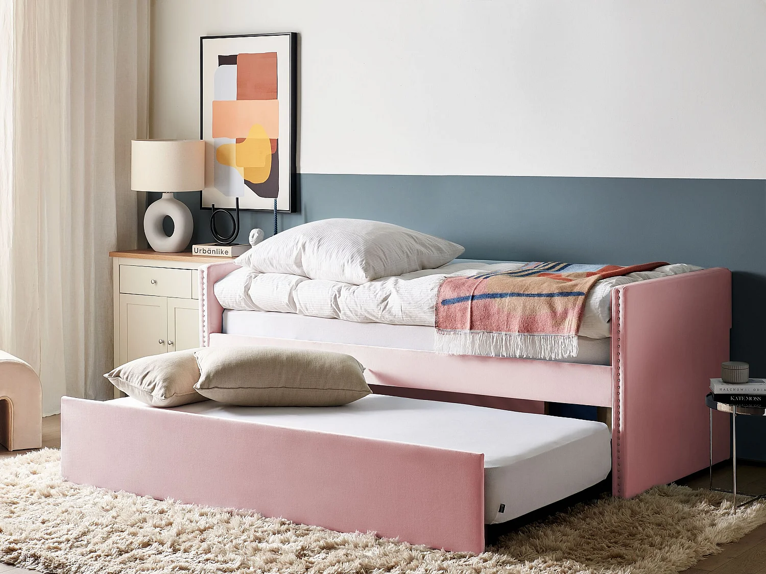 Lit gigogne Velours TROYES 90 x 200 cm Rose pastel