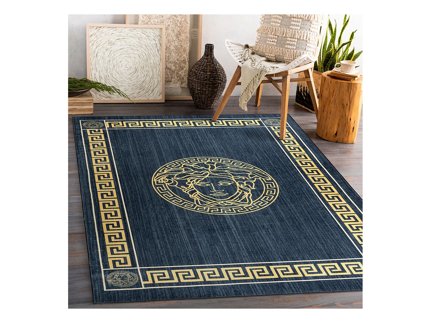 ANDRE 1972 tapijt wasbaar Kader grieks kwallen antislip - blauw / goud 120x170 cm