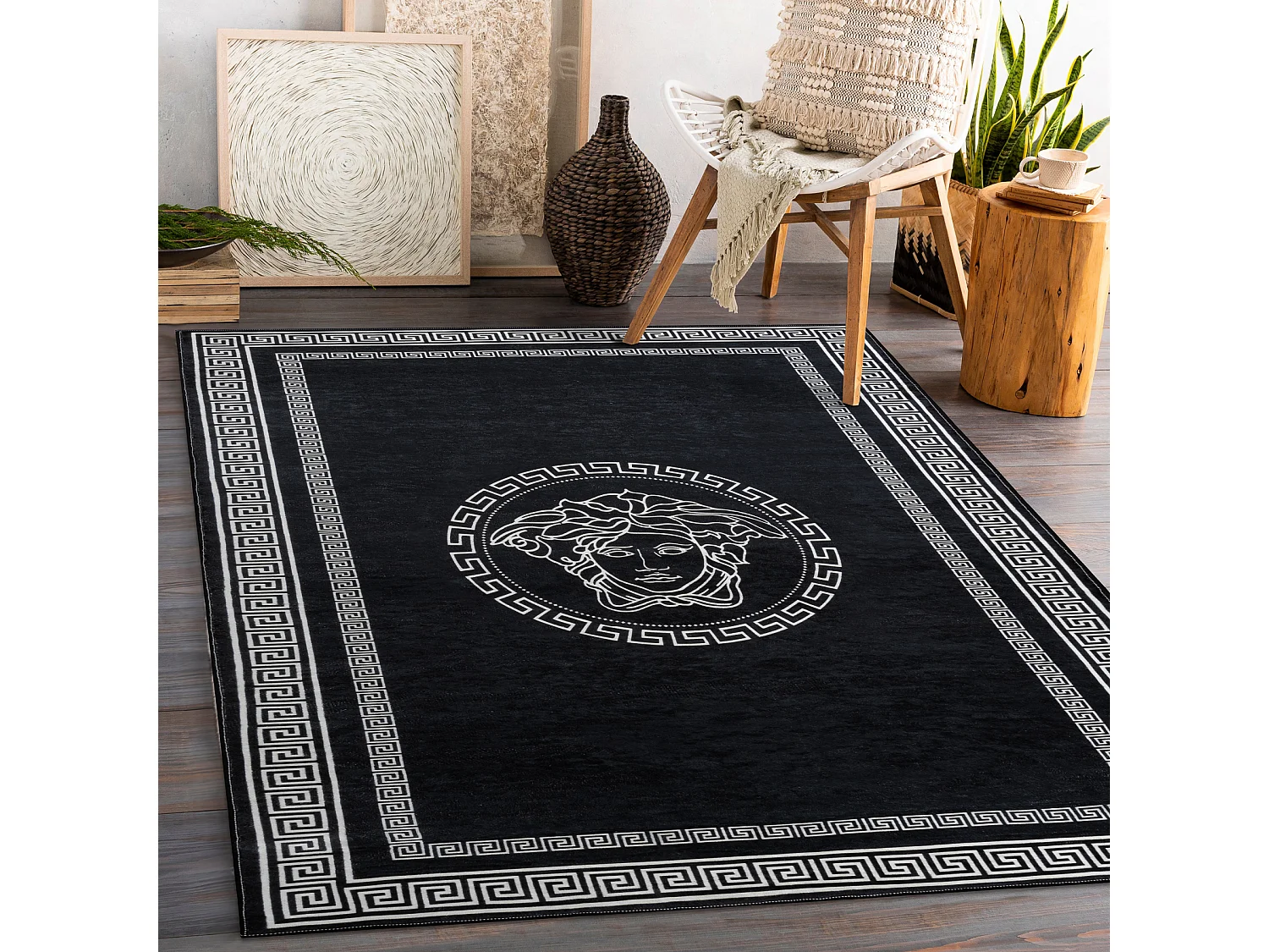 Tapis lavable ANDRE 2031 marbre méduse grec antidérapant - noir et b 160x220 cm