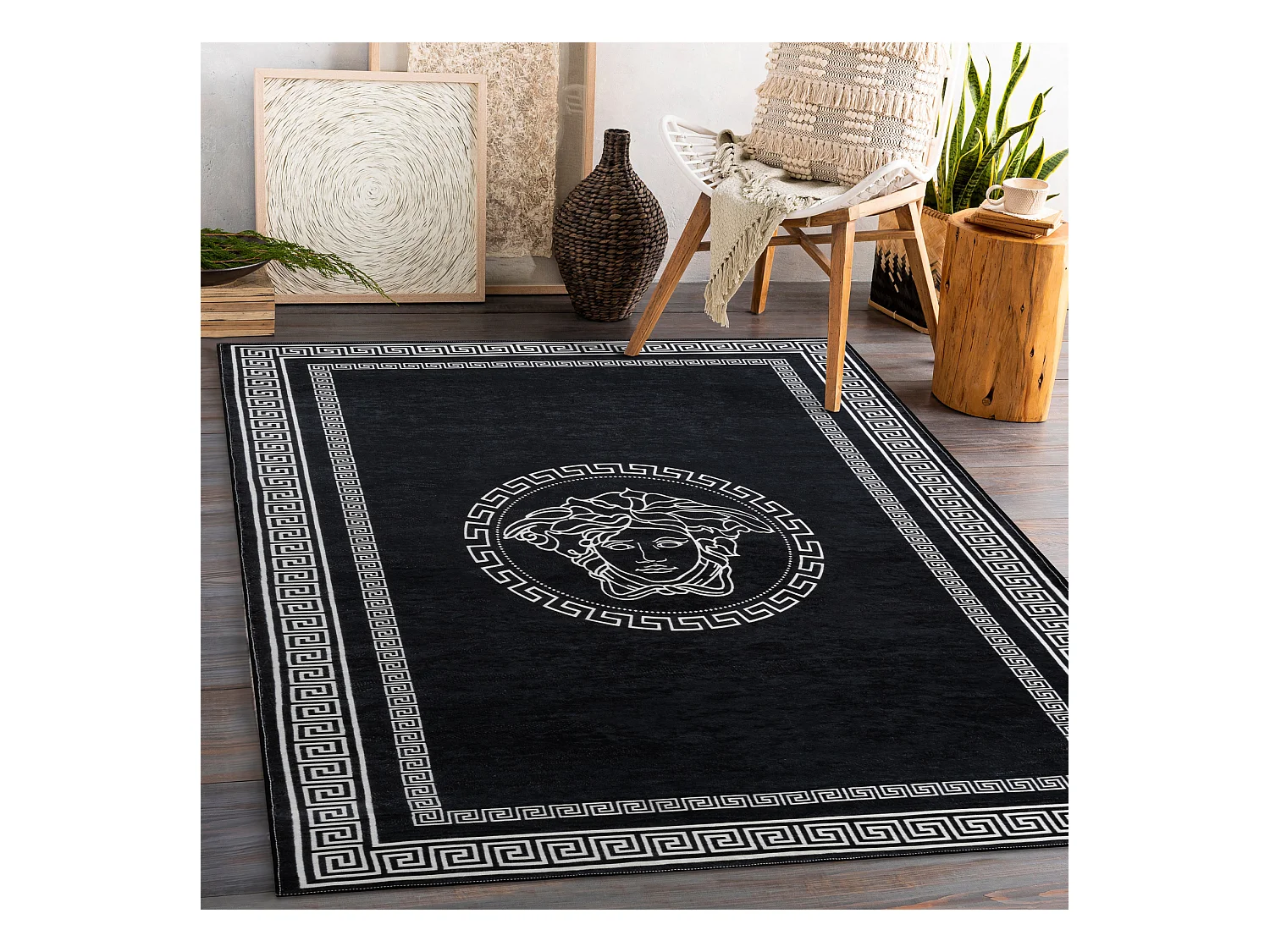 Tapis lavable ANDRE 2031 marbre méduse grec antidérapant - noir et b 120x170 cm