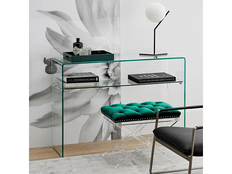 Console rectangulaire L. 100 cm verre trempé et étagère vitrée - ICE