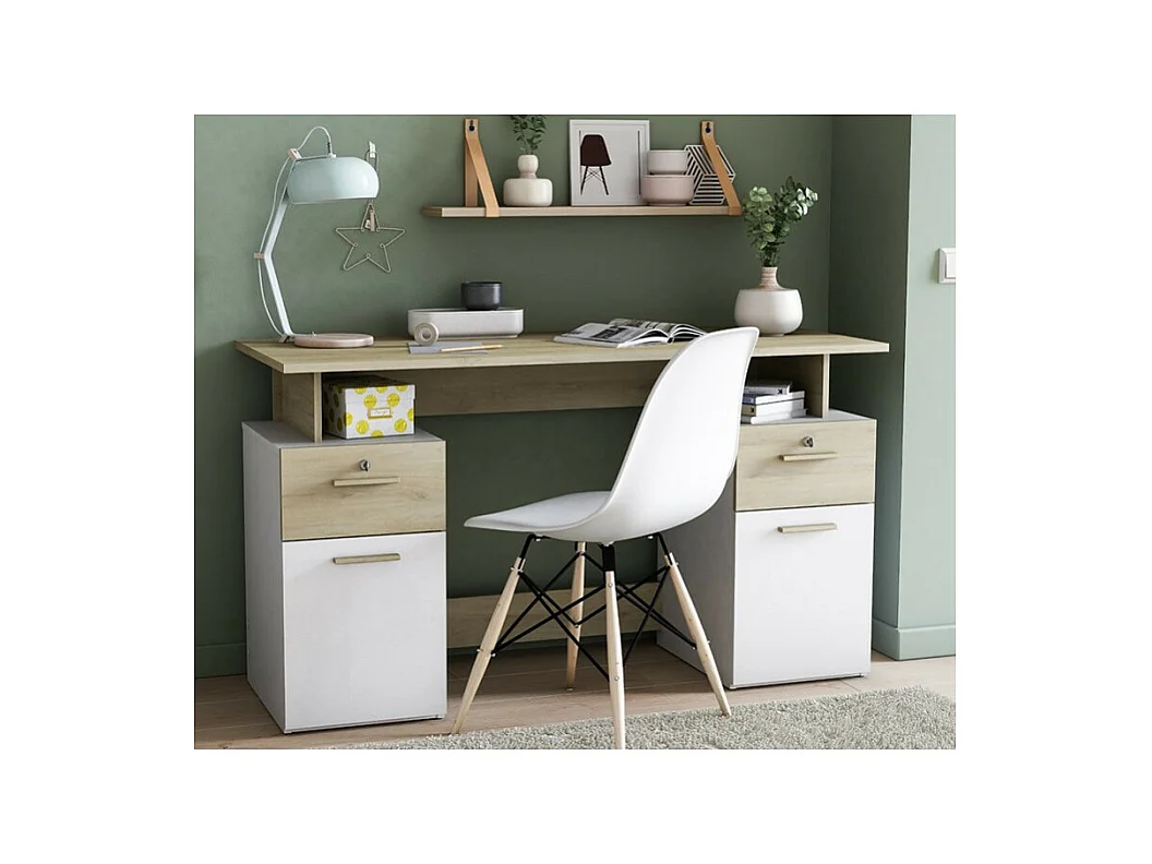 Bureau 2 caissons blanc/naturel Platon
