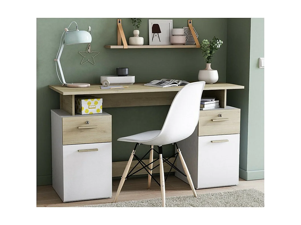Bureau 2 caissons blanc/naturel Platon