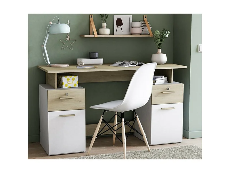 Bureau 2 caissons blanc/naturel Platon