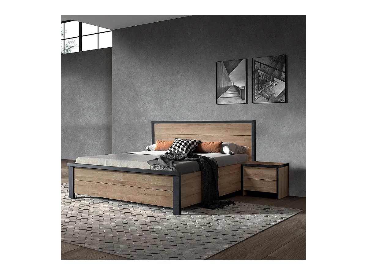 SIWA - Ensemble Lit 180x200cm + Chevets Effet Bois et Béton