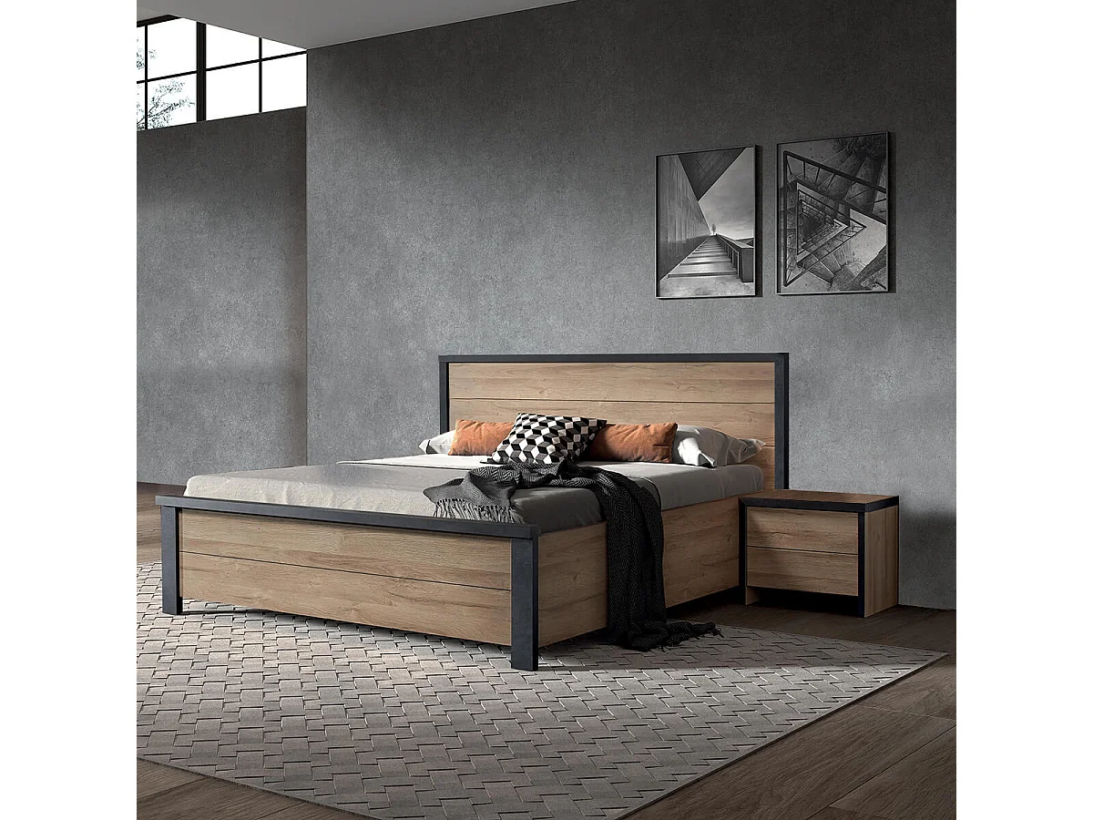 SIWA - Ensemble Lit 180x200cm + Chevets Effet Bois et Béton