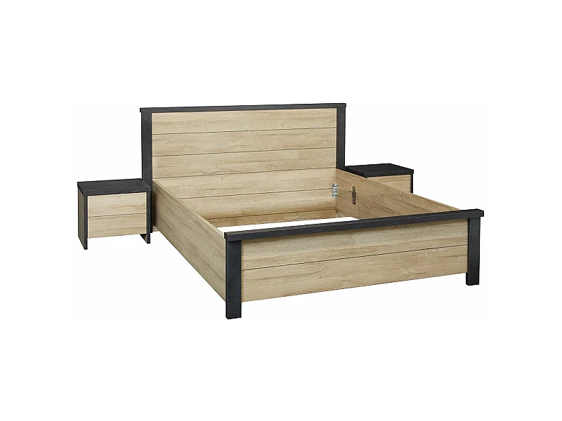 SIWA - Ensemble Lit 140x200cm + Chevets Effet Bois et Béton
