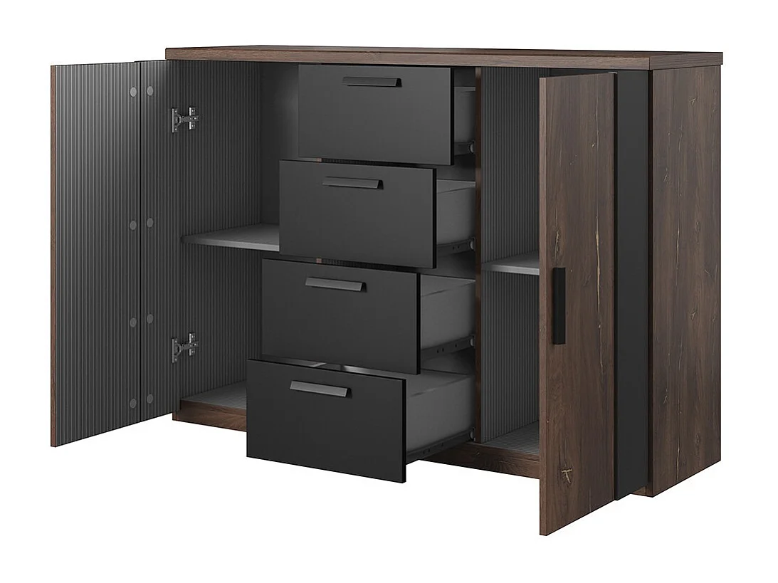 Komplettes Schlafzimmer FOX – Schrank 200 cm, Bett 180x200 mit Lattenrost, Kommode, Nachttische – Dunkle Eiche