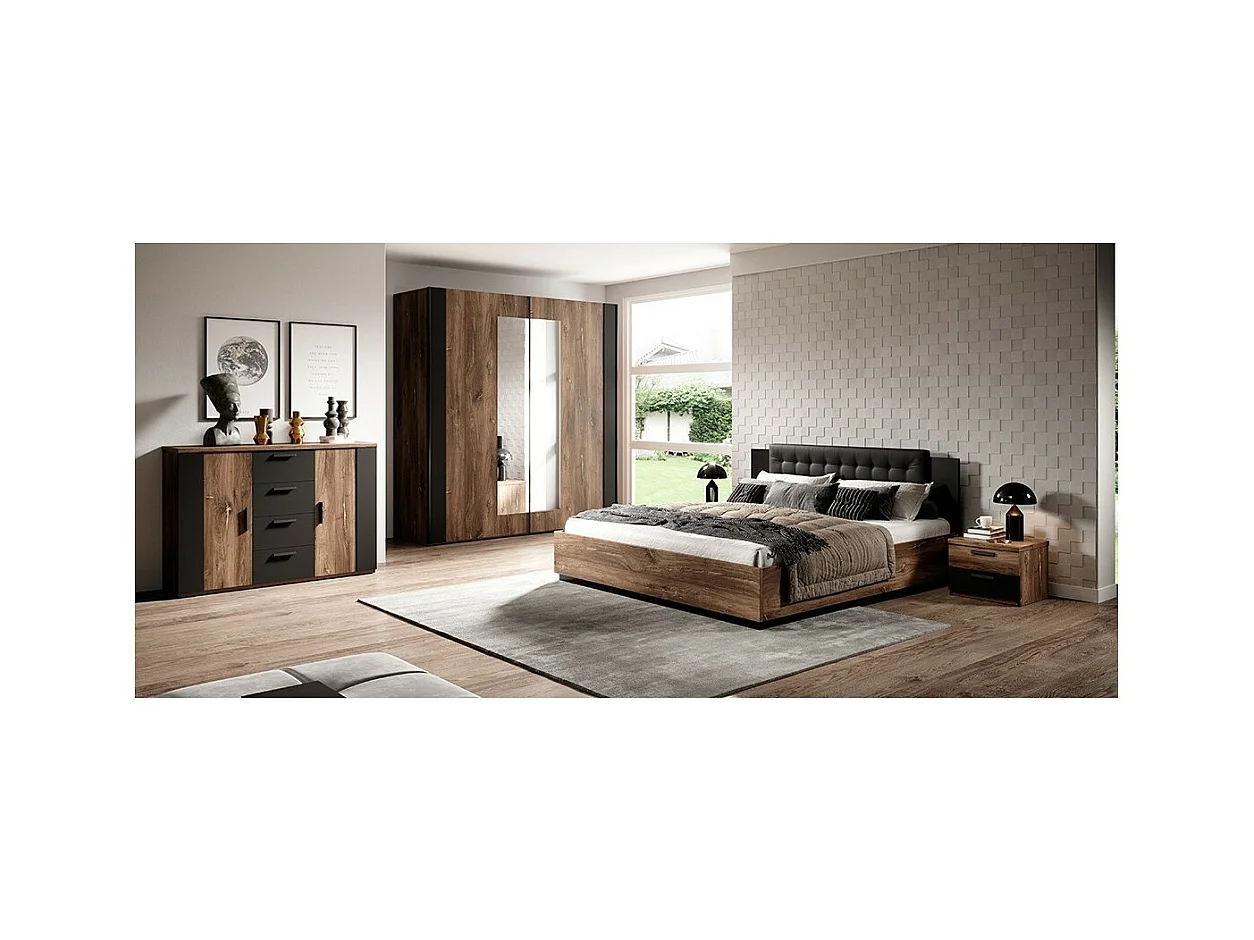 Chambre complète FOX – Armoire 200 cm, Lit 180x200 sommier inclus, Commode, Chevets – Chêne foncé