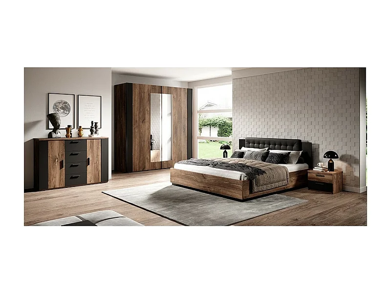 Chambre complète FOX – Armoire 200 cm, Lit 180x200 sommier inclus, Commode, Chevets – Chêne foncé