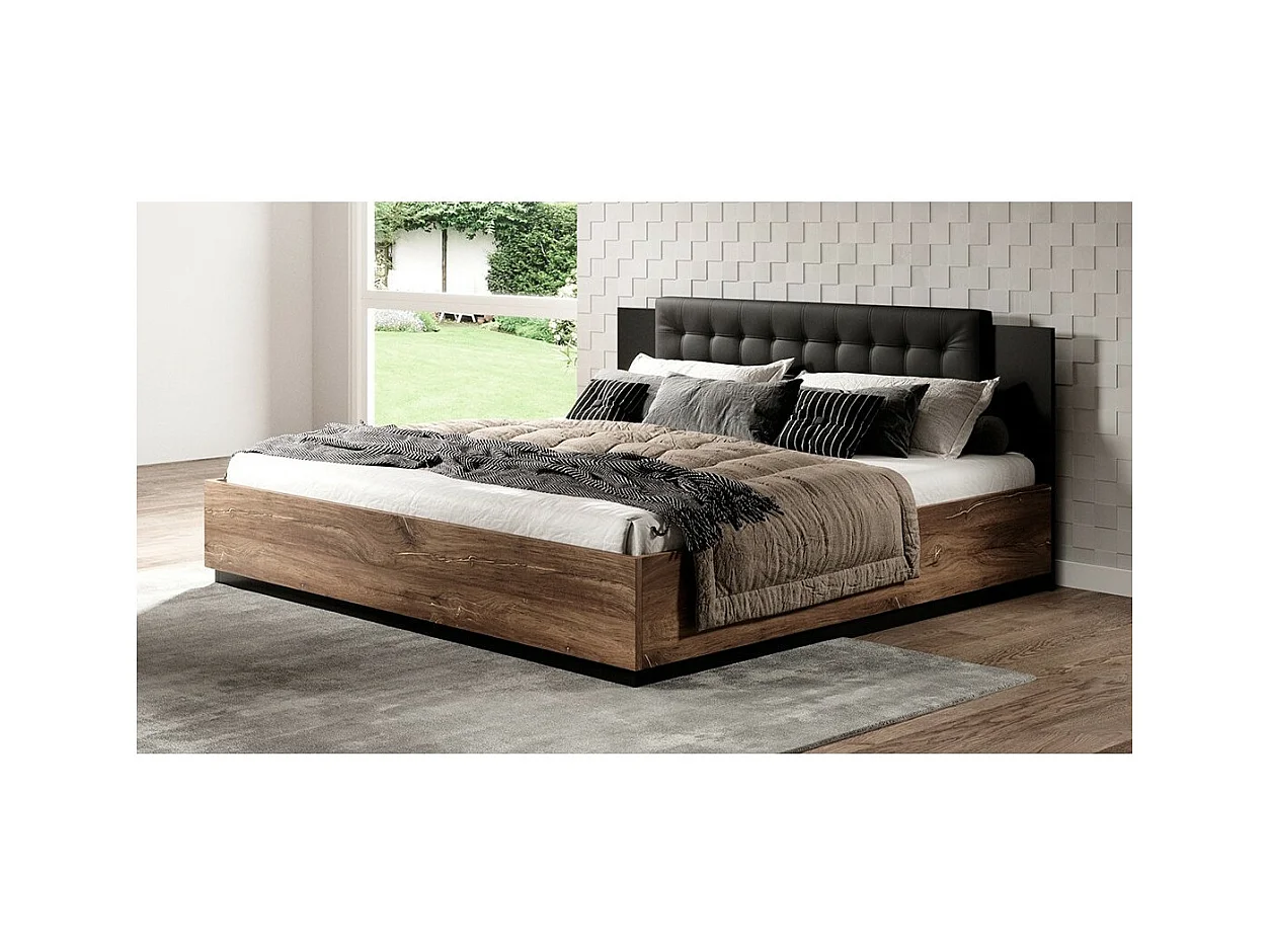 Habitación completa FOX – Armario 200 cm, Cama 160x200 con somier incluido, Cómoda, Mesitas de noche – Roble oscuro