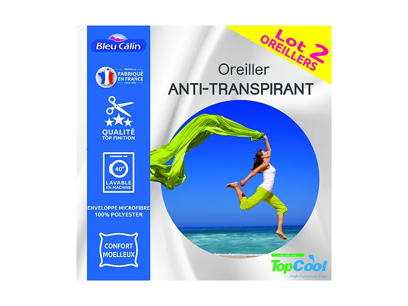 Lot de 2 oreillers Anti transpirant Topcool 60 x 60 cm "Bleu Calin"