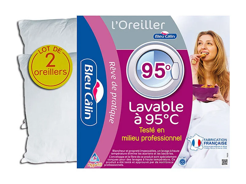 Lot de 2 oreillers Hotelier à bouillir Hygiafil 60 x 60 cm "Bleu Calin"