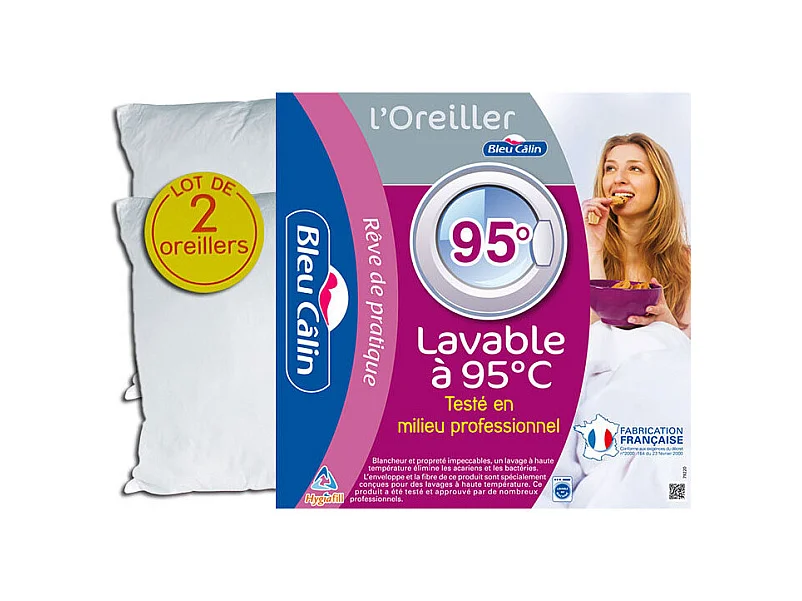 Lot de 2 oreillers Hotelier à bouillir Hygiafil 60 x 60 cm "Bleu Calin"