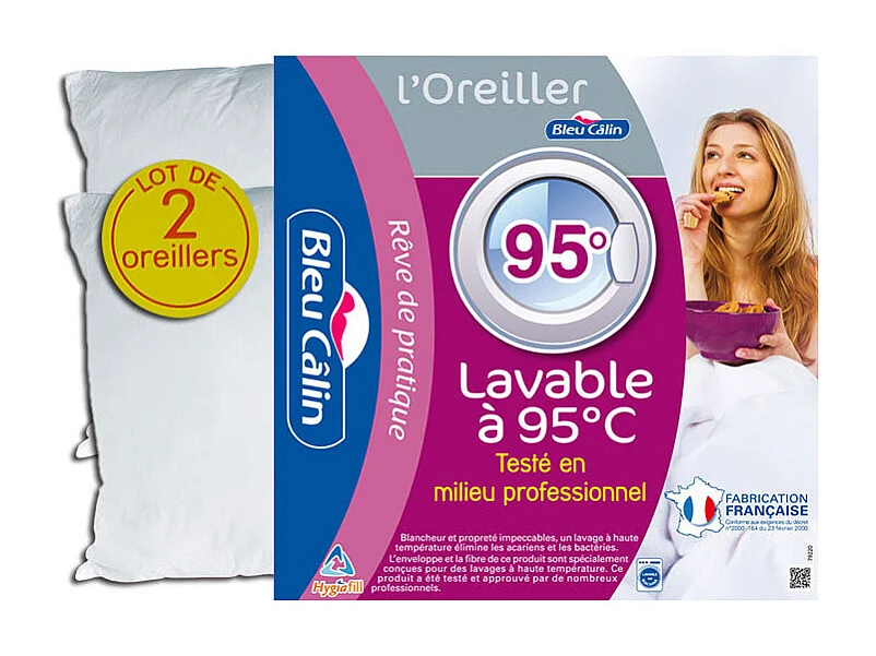 Lot de 2 oreillers Hotelier à bouillir Hygiafil 60 x 60 cm "Bleu Calin"