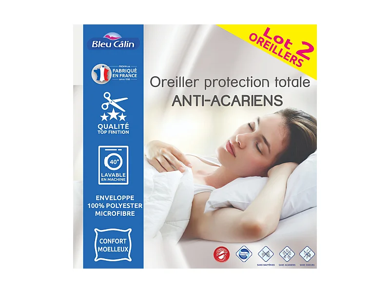 Lot de 2 Oreillers 60 x 60 cm "Protection totale Anti-Acariens" Bleu Calin